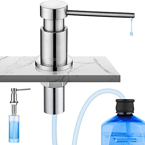 CECIPA Seifenspender Einbau Küche, Spülmittelspender für Spülbecken mit 300ML Flasche und 1,2 m Verlängerungsschlauch, Seifenspender aus Kupfer von Oben Befüllen, 360° drehbarer Pumpe, Gebürstet