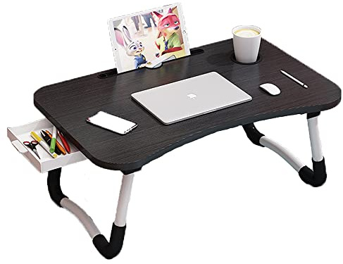 BSTMOME Laptop skrivbordsbädd stativ hopfällbart laptopbord hopfällbart frukostbricka bärbar knästående skrivbord läs- och skrivhållare med låda för säng soffa soffa golv (svart)