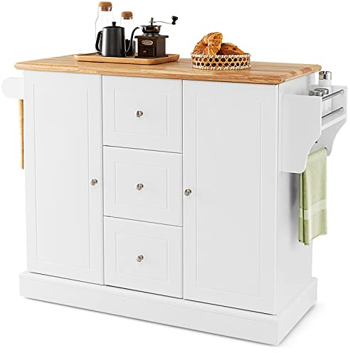 GOPLUS Desserte Cuisine à 5 roulettes Cachée en Bois, 127x46x92CM, Ilot Central Cuisine avec Placard Épais, 3 Tiroirs, 2 Armoire à 2 Niveaux Réglables, Porte-Serviettes, Support pour Épices, Blanc