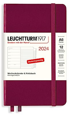 LEUCHTTURM1917 367736 Wochenkalender & Notizbuch Pocket (A6) 2024, mit Extraheft für Adressen und Jahrestage, Port Red, Deutsch, 12 Monate