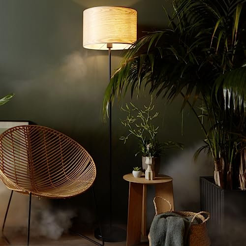 Lightbox Stehlampe im Nature Stil - Ø 38 cm - 1,6 m Höhe - dekorative Standleuchte mit Fußschalter & Holz Schirm - E27 Fassung, max. 52 W - aus Metall/Holz - in Hellbraun/Schwarz