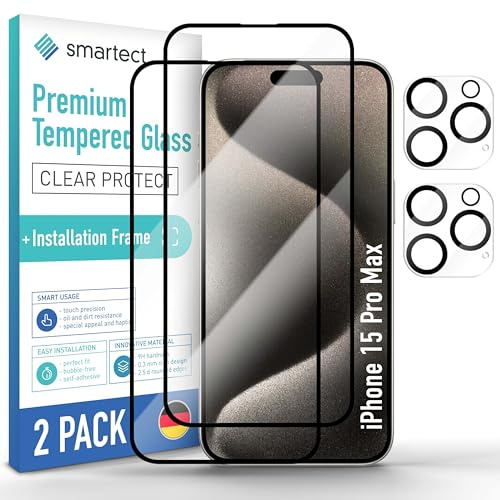 smartect Schutzglas 2 + 2 Stück Full Sreen für iPhone 15 Pro Max, Displayschutz + Kameraschutz, inkl. Positionierhilfe, HD Schutzfolie Anti-Kratzer, 0.3 mm Ultra-klar, 9H Härte, Stoßfest, Blasenfrei