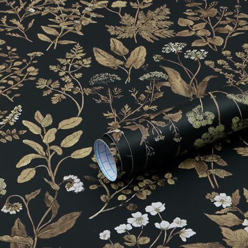 Fiula Selbstklebende Tapete Klebefolie Möbel Blumen Gold Schwarz Blumentapete 44CM×15M Möbelfolie Selbstklebend mit Blätter Blumenmuster Abnehmbar für Wohnzimmer Schlafzimmer Dekorfolie Wallpaper