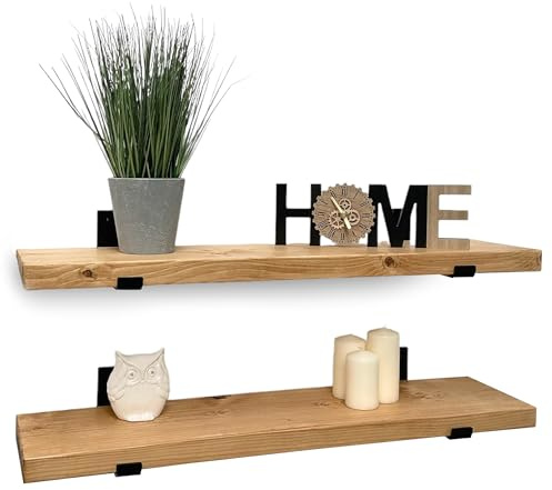 MKGT Handcrafted Rustic Wooden Floating Shelves – Wall Mounted with Black L Brackets – Made in the UK from Solid Timber – Kitchen & Living Room (Set of 2, 60cm)
