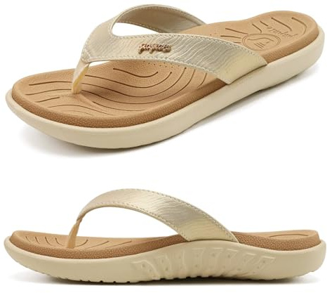 jiajiale Tongs Femme Mode Orthopédique Cuir Confortable Soutien Voûte Plantaire Tongue Legere Yoga Mat été Plage Piscine Flip Flop Douche Antidérapante Caoutchouc Semell Beige Blanc EU39