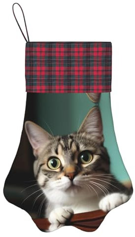 Weihnachtsstrumpf mit einer neugierigen Katze, bedruckt mit Haustierpfotenmuster, Kamin-Hängestrumpf für Weihnachtsbaum-Dekoration