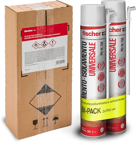 Fischer Bi-Pack Schiuma Poliuretanica Universale Espansa PU 1K in Imballo Protettivo con Erogatore, 2x 750 ml