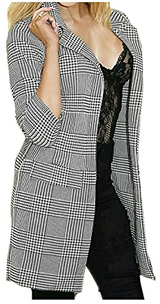 FASHIONISM Womens Hound Tooth Tartan Check Duster Coat Ladies 3/4 Sleeve Flap Pocket Jacket Blazer Top Size UK 8-26