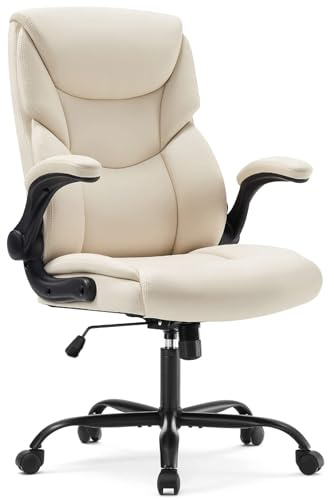 DUMOS Bürostuhl Pu-Leder Chefsessel mit Hochklappbaren Armlehnen Bürostuhle Leder mit Drehbaren Rädern Office Chair Ergonomic Geeignet für Büros Zuhause und Andere Umgebungen