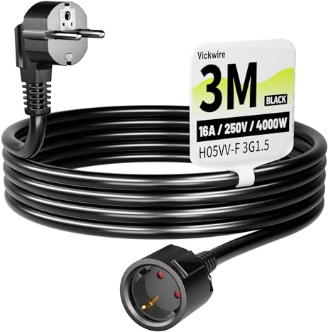 Vickwire Verlängerungskabel 3M Schwarz, 16A/250V, H05VV-F 3G1,5 mm² | Kabel Kabelverlängerungen mit Schutzkontakt Stecker Schuko Verlängerung 16A/250V, Schwarz, H05VV-F 3G1,5 mm², IP44