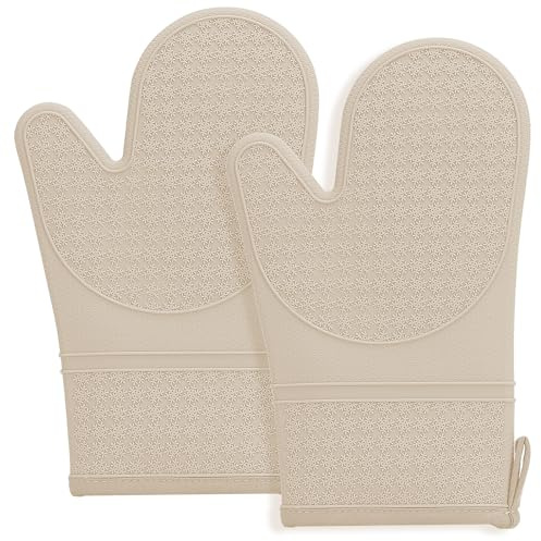 Oven Gloves, Silicone Oven Mitts, Anti-Slip Heat Resistant Gloves | 2PCS Oven Mitts Heat Resistant 600 Degree, Soft Lining Silicone Oven Gloves for Cooking Baking Kitchen Mittens