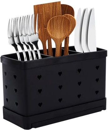 Dorclife Utensil Holder Cutlery Drainer Tableware Stainless Steel Utensil Holder with 3 Compartments Kitchen Utensil Holder for Kitchen Organizer Tableware Storage (Black)