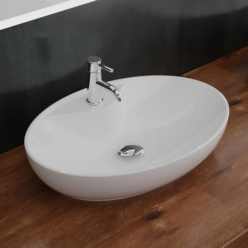 Alpenberger Bad Waschbecken Oval 66 cm Breit | Handwaschbecken Klein Gäste WC | Aufsatzwaschbecken mit Hahnloch | Waschschüssel für Badezimmer | Waschtisch Klein Waschschale