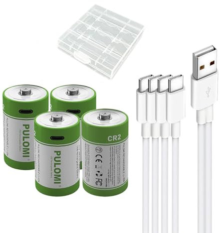 Batteria ricaricabile USB CR2 agli ioni di litio, 3,7 V, 300 mAh, batteria ricaricabile RCR2 CR15H270 15270, ricarica rapida 1,5 h, 1200 cicli con cavo di collegamento tipo C, uscita costante