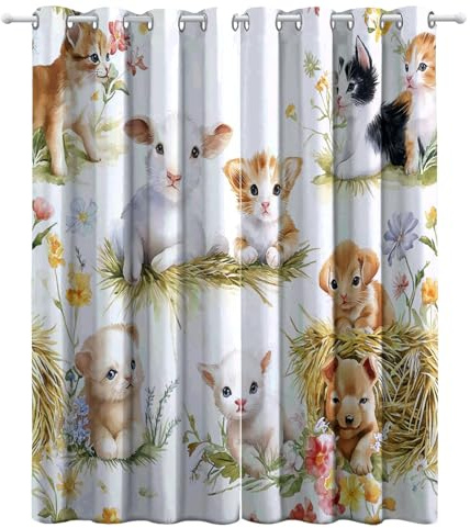 CozyRest Kinder Vorhänge Aquarell-Nutztiere Ösen Gardinen mit Blickdichte Thermo Vorhang Kälteschutz Blackout Curtain Kinderzimmer Schlafzimmer Ösenvorhang H 230 x B 117 cm