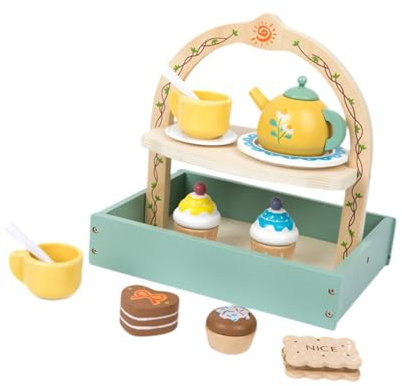Harilla Juego de Madera para Fiesta de té, Accesorios de Cocina, con Comida, Postre, Juego de simulación, Juguetes de Madera para niñas y niños de 3 a 6 años,