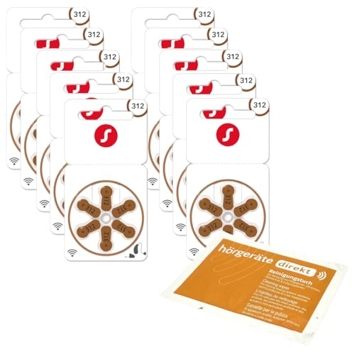 60x Signia 312 Hörgerätebatterien P312 PR41 (10x 6er Blister) + DIREKT Reinigungstuch | für Hörgeräte