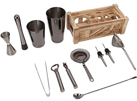 Nikou Juego de coctelera de acero inoxidable apto para lavavajillas con soporte de madera para bar en casa y fiesta, juego completo de herramientas de camarero