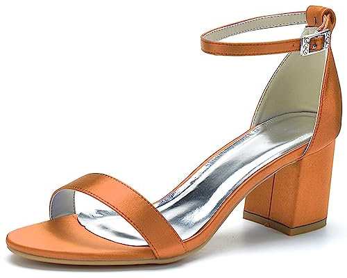 Donna Cinturino alla Caviglia Sandali con Tacco Largo Medio Punta Aperta Satin Scarpe da Sposa Damigella d'Onore,Arancia,43 EU