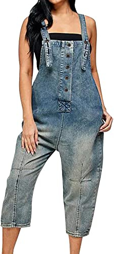 Generico Salopette Jeans Donna Morbida Overall Gamba Larga Tuta Intera Comode Casual Elegante Jumpsuit Leggera Senza Maniche Vintage Salopette Premaman Con Tasche Playsuit Oversize Pantaloni in Denim