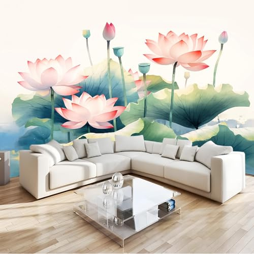 Papiers peints Ambiance aquarelle lotus rose Papier Peint Panoramique 350 x 256 cm cm style 3d très délicate Papier Peint intissé pour Chambre Salon Décoration Murale Rose Vert