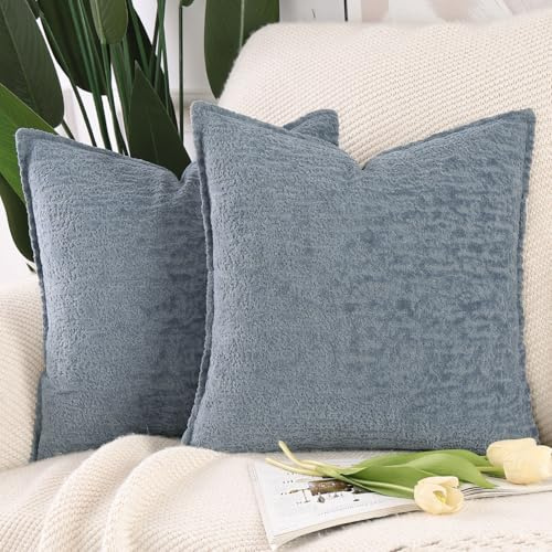 Madizz 2er Set Chenille Samt Kissenbezüge mit Rand Dekorativ Weiche neutrale Wurfkissen für Sofa Boho Akzent Zierkissenbezüge für Schlafzimmer Wohnzimmer Blau 40x40 cm