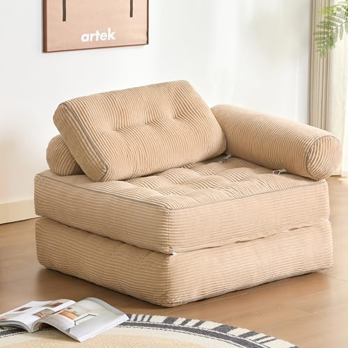 Litbird Canapé Lit 4-en-1 Pliable – Fauteuil Convertible, Canapé Type Pouf, Lit Pliant 1 Place, Idéal pour Petit Espace, Chambre ou Salon (Camel, 95 cm mit Armlehnen)