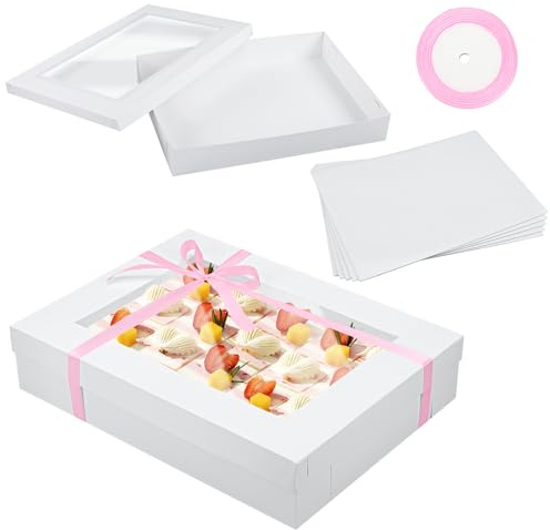 Chivertion 5 Set Full Sheet Cake Box 26 x 18 x 4 Inch with Cake Boards and Pink Satin Ribbon Large Rectangle Bakery Boxes with Window White Bakery Boxes for Packaging Cupcakes Muffins Pie