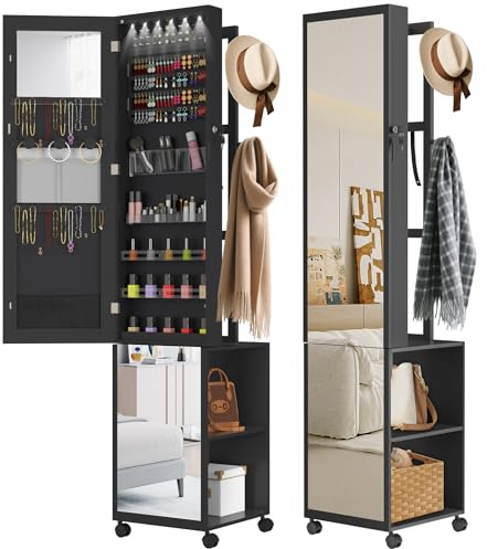 Suusolny 360° Schmuckschrank mit 4 Rädern Schmuckorganizer abschließbar für Aufbewahrung & Make Up Ablagefächer mit Haken Spiegelschrank mit Ganzkörperspiegel für Wohnzimmer und Schlafzimmer - Schwarz