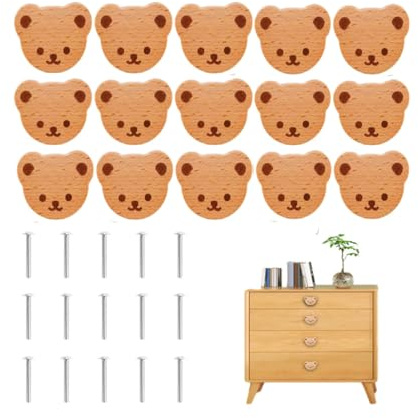 Exogio Bären Schrankknöpfe fur Kinderzimmer, Boho Möbelknöpfe, Holzgriffe Tier Schubladenknopf mit Schrauben, Holzknöpfe & Schubladengriffe für Kommoden, Schubladen, Kleiderschrank, Küche
