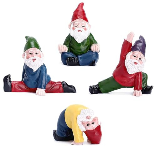 DAVBNM 4 Pcs Miniature Garden Gnomes, Mini Fairy Garden Resin Gnome Figurines, Micro Landscape Ornament, Outdoor Small Gnomes Set for Patio, Yard, Lawn or Home Decorations (Yoga Series)