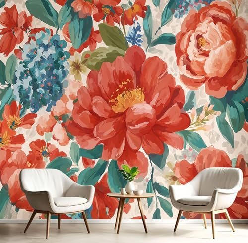 Carta da parati 150×105cm Fotomurali in Murale Decorazione da Muro Acquerello Peonie Rose, Fotomurali Non Tessuto Pastorale Petali Camera da Letto, Ristrutturazione di Pareti Rosso