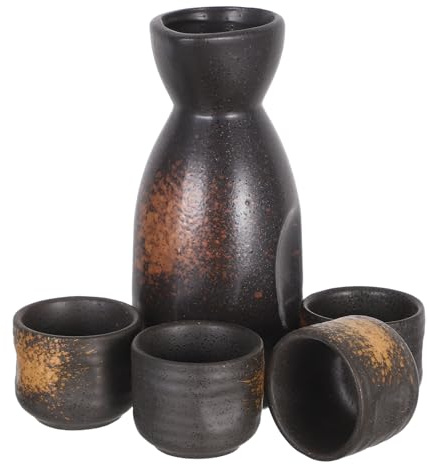 FOMIYES Juego de Botella y 4 Tazas de Sake Japonés de Cerámica, Tetera Grande Color Amarillo Jade para Restaurante y Hogar, Contenedor de Vino Tradicional para Sake Caliente y Soju,
