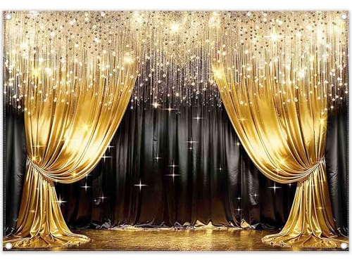 Luminora 2,1x1,5m Rideau de Fond Luxueux Or et Noir imprimé numérique 2D | Tissu Polyester, drapé brillant en cristal perlé, décor de scène pour mariage, anniversaire, fête, accessoires photo