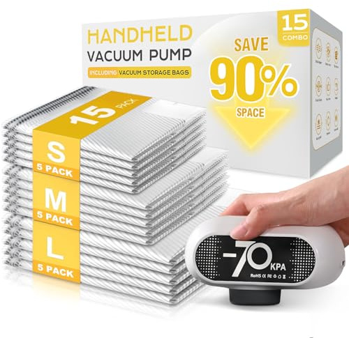 15 Pack Vacuum Storage Bags with -70KPa Electric Pump, Premium Tear-Resistant Reusable Bags for Clothing, Space Saving Essentials for Travel, White