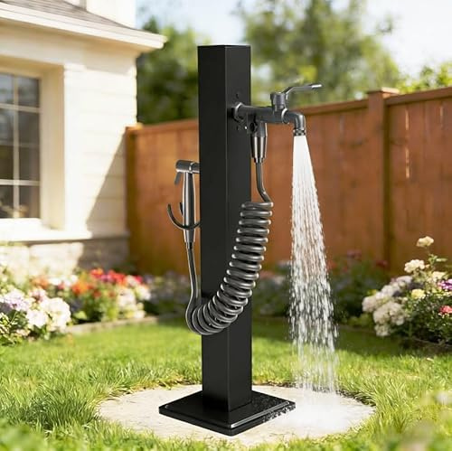 Colonne d'eau de Jardin avec Robinet, Verticale Cylindrique Carrée Robinet, avec Porte-Tuyau D'Arrosage, Fontaine Extérieure de Jardin, Acier Inoxydable Antigel, pour la Terrasse & Jardin (Nero)