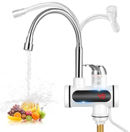 Robinet d'eau chaude instantanée 230 V, 3000 W Chauffe-eau électrique instantané robinet d'eau bouillante avec affichage numérique LED, robinet de chauffage électrique en acier inoxydable rotatif à