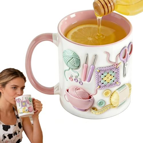 Jtxcreate Taza De Café Con Diseño De Ganchillo, Tazas Personalizadas Para Mujer, Taza De Cerámica De 330 Ml Con Diseño De Ganchillo Y Agarre Antideslizante, Tazas Personalizadas Con Motivos De Punto