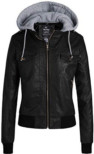 wantdo Women's Faux Leather Motorcycle Jacket with Hoodie Windbreaker Black XL