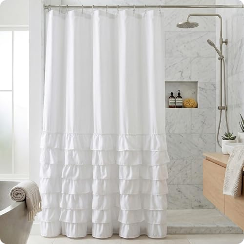 VCNY Home Ruffled Tier Fabric Shower Curtain, Melanie White - 72 x 72 | 100% Polyester | Long Lasting & Easy Clean | Sophisticated Design | Pair with Shower Curtain Liner & Hooks (Not Included)