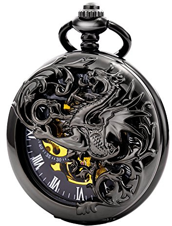TREEWETO Taschenuhr mit Kette Herren Antik Drache Handaufzug Schwarz | Mechanische, Beidseitig Aufklappbar, Skelett, Analog, Unisex, Vintage, Double Hunter Gehäuse, römische Ziffern