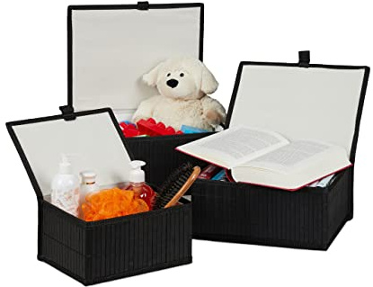 Relaxdays Aufbewahrungskorb 3er Set, Deckel & Stoffeinsatz, Bambus, Bad, Spielzeug, Aufbewahrungsbox, 3 Größen, Farbwahl | Bad, Spielzeug, Aufbewahrungsbox, 3 Größen