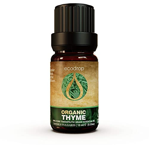 Ecodrop Organic Thyme Essential Oil 10ml | Thymus Vulgaris, Steam-Distilled | 100% pure, undiluted Thyme oil. For aromatherapy, diffusers, massage, bath, soap & candle making. Bottled in the UK