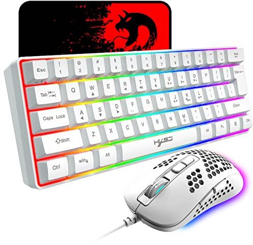Teclado Compacto para Juegos 60% cableado 61 Teclas 11 Efectos de luz de Fondo RGB con Teclas Completas Anti-Efecto Fantasma + Ratón de Nido de Abeja Ligero con Cable de 2400 PPP+Alfombrilla de ratón