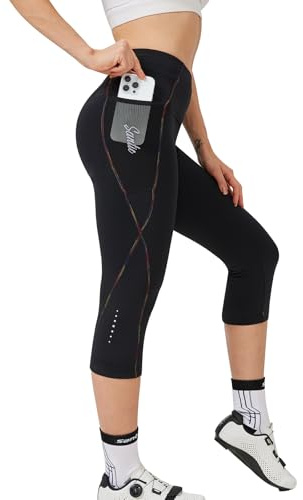 Santic Frauen Radfahren Shorts gepolstert 3/4 hohe Taille Bike Shorts Fahrrad Capris für Frauen mit Taschen UPF50 +