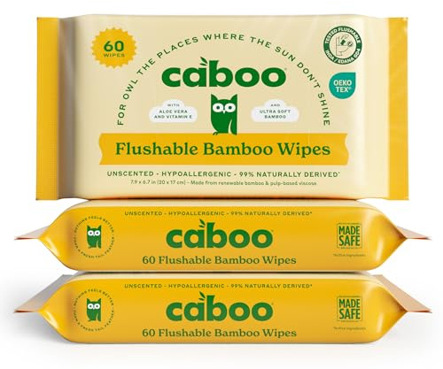 Caboo Tree Free Flushable Wipes, Certified Flushable, Septic Safe, Biodegradable, Chemical Free, Unscented Wipes for Adults made with Renewable Bamboo Based Viscose (Pack of 3, Total of 180)