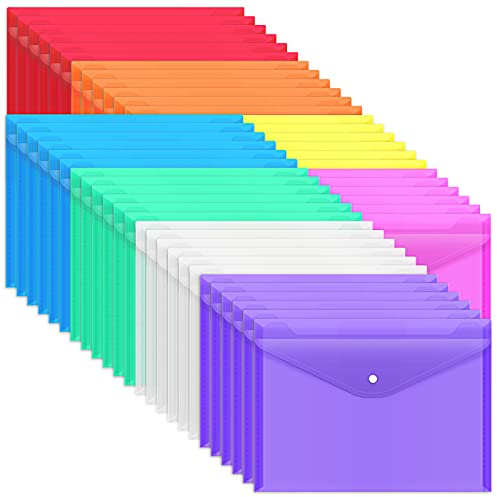 EOOUT Kunststoff-Umschläge mit Schnappverschluss, transparente Dokumentenmappen, A4-Briefgröße, für Schule, Zuhause, Arbeit, Büro, Organisation, 8 Farben, 48 Stück