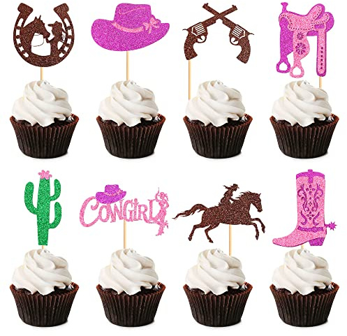 Blumomon 24Pcs Cowgirl Cupcake Toppers Glitter Horseshoe Cactus Gun Cupcake Picks Cowgirl Hats Boots Cake Decorations for Western Theme Baby Shower Girls Birthday Party Decro Supplies