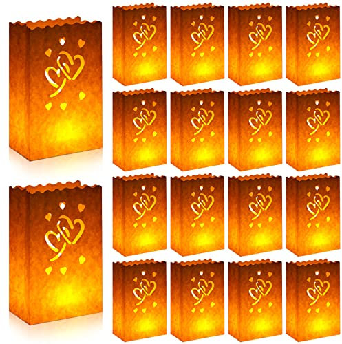 Sherr 100 Pcs White Luminary Bags Lantern Halloween Luminary Candle Bag Flame Resistant Hearts Luminaries Paper Tea Light for Christmas, Weddings, Thanksgiving, Valentine, Birthday Party, Engagement