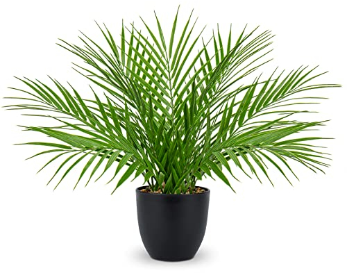 Oairse Artificial Plants Indoor 38cm Fake Palm Plants in Black Pots Decorative Faux Areca Palm Plants Realistic Tropical House Plant Potted for Home Office Bedroom Bathroom Kitchen Table Decor